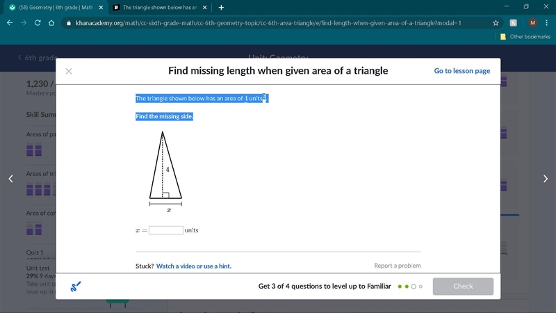 The triangle shown below has an area of 444 units^2 2 squared. Find the missing side-example-1