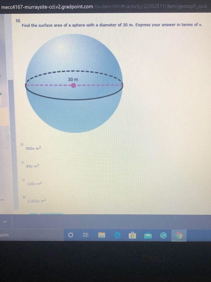 Find the surface area of a sphere with a diameter of 30 m. Express your answer in-example-1