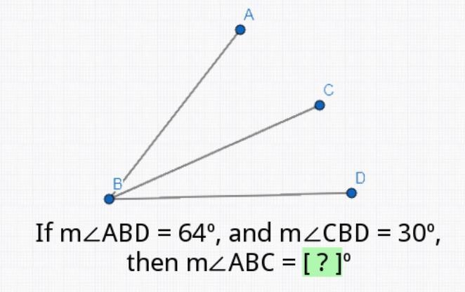 If m∠ABD =64°, and m∠CBD = 30°, then m∠ABC =?-example-1