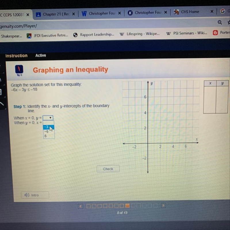 Graph the solution set for this inequality: -6x - 3y greater than or equal to -18-example-1