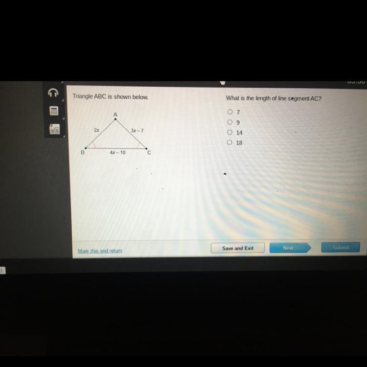 Triangle ABC is shown below. What is the length of line segment AC? A A O 7 O 9 2x-example-1