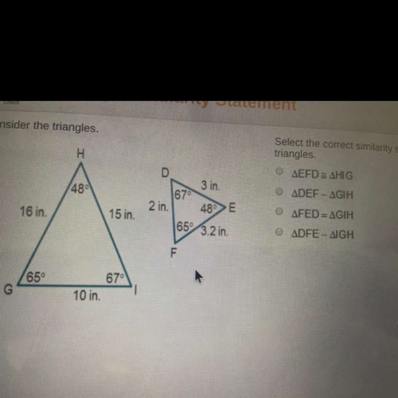 Select the correct similarity statement about these triangles-example-1