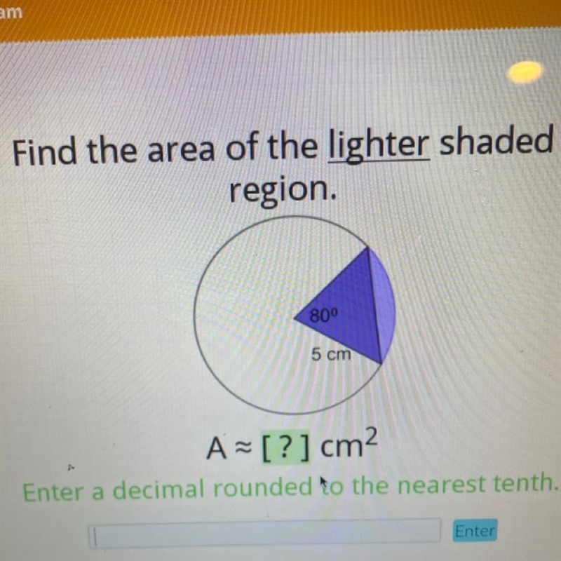 Pls help!! Find the area of the lighter shaded region and round to the nearest tenth-example-1