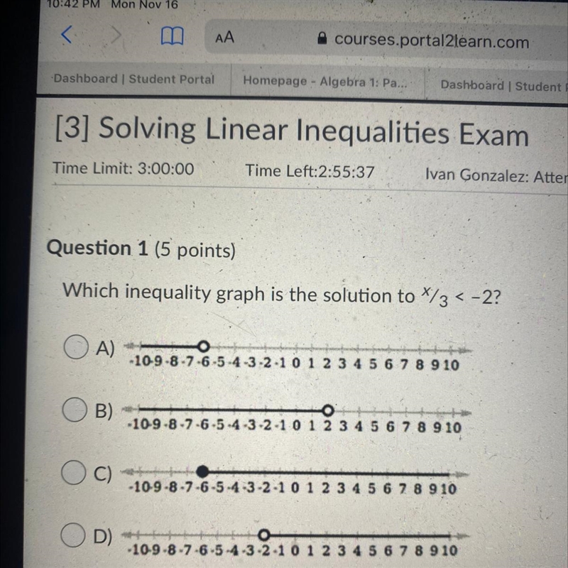 Which inequality graph is the solution to X/3 < -2?-example-1