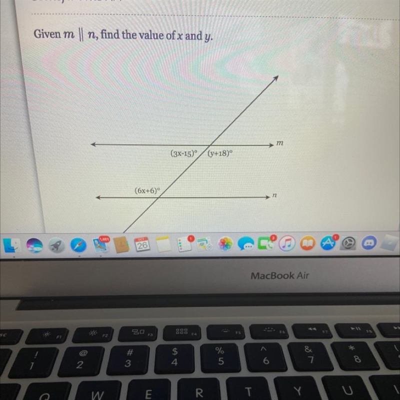 Given m n, find the value of x and y. m (3x-15) (y+18) (6x+6) n-example-1