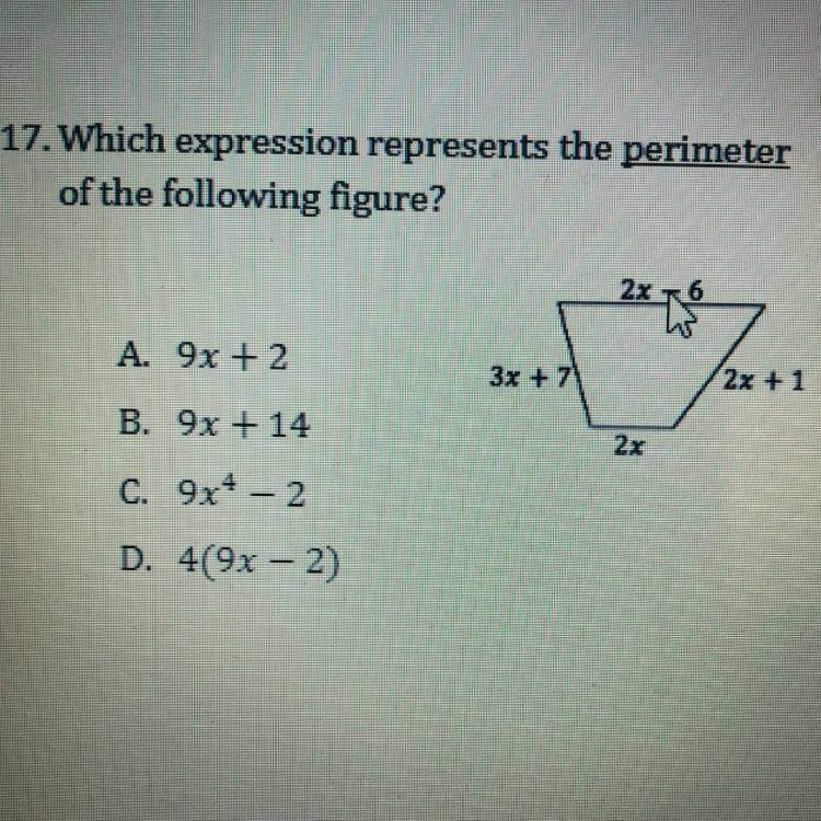 URGENT PLEASE Which expression represents the perimeter of the following figure? A-example-1