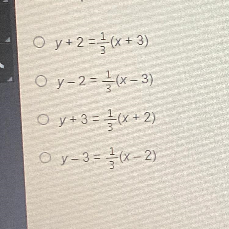 Which equation shows the point-slope form of the line that passes through (3, 2) and-example-1