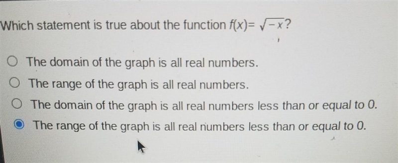 Which statement is true about the function f(x)= -x? O The domain of the graph is-example-1