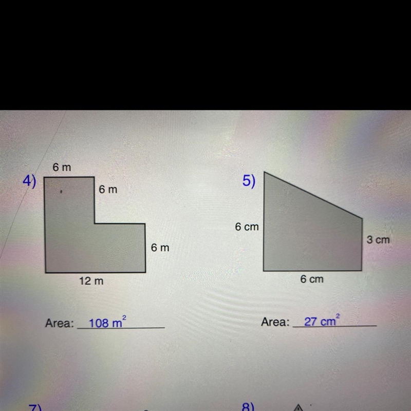 Find the area of the Compound shape The answer is 108 m^2 and 27 cm^2 I just need-example-1