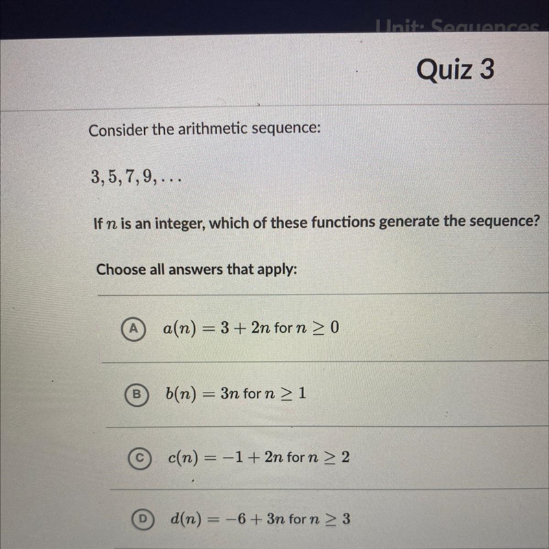 Pd Consider the arithmetic sequence: mi 3,5,7,9,... If n is an integer, which of these-example-1