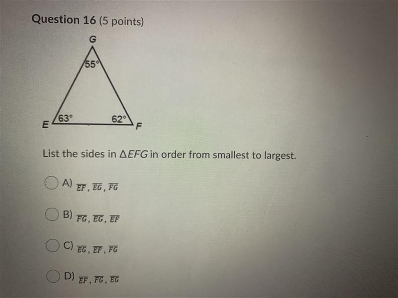 List the sides in ^ EFG in order from smallest to largest.-example-1