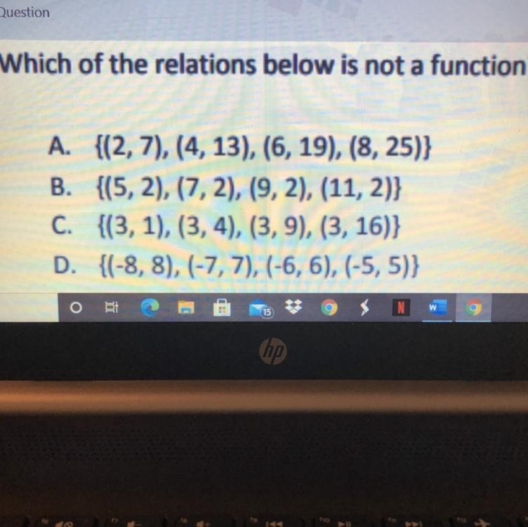 Which of the relations below is not a function? Pleasure that’s for today Thanks &lt-example-1