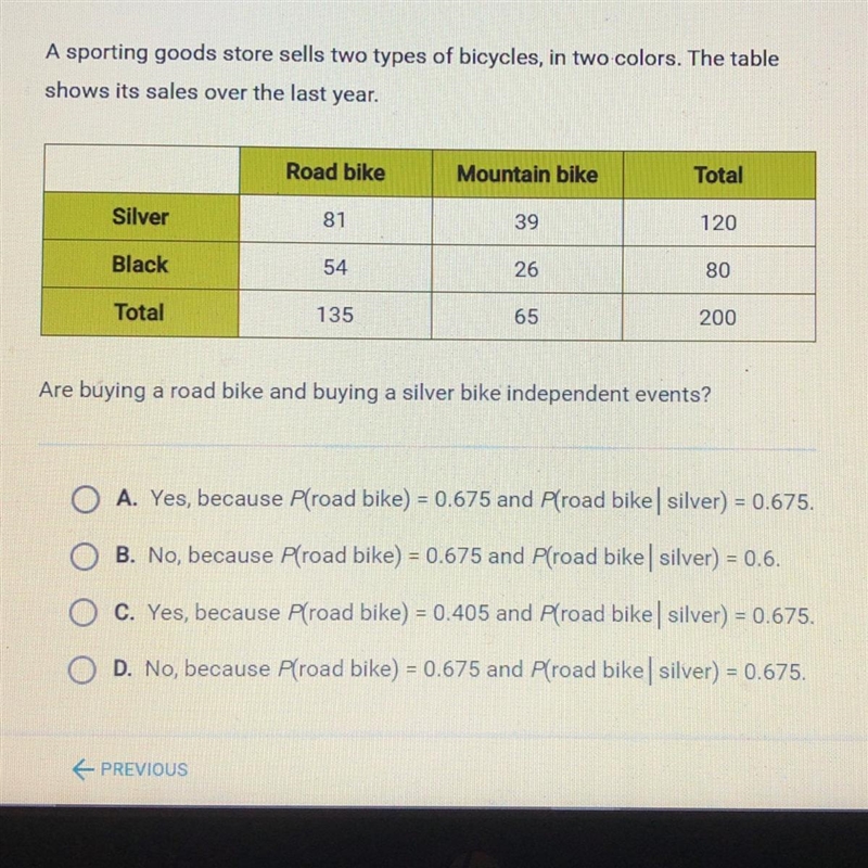 A sporting goods store sells two types of bicycles, in two colors. The table shows-example-1