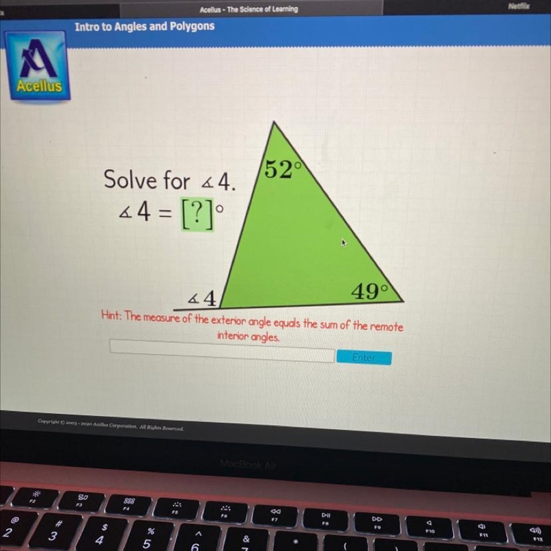 PLS HELP 52 Solve for 44. 4 = [?] 49° 44-example-1