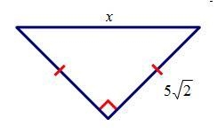 Find the value of x. A. 5√2/2 B. 5 C. 10 D. 10√2-example-1