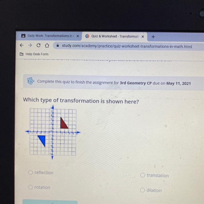 Which type of transformation is shown here? 41 O reflection O translation O rotation-example-1