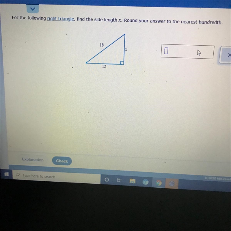 For the following right triangle, find the side length x. Round your answer to the-example-1