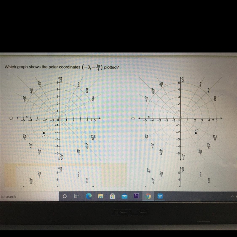 Which graph shows the polar coordinates (-3,-) plotted-example-1