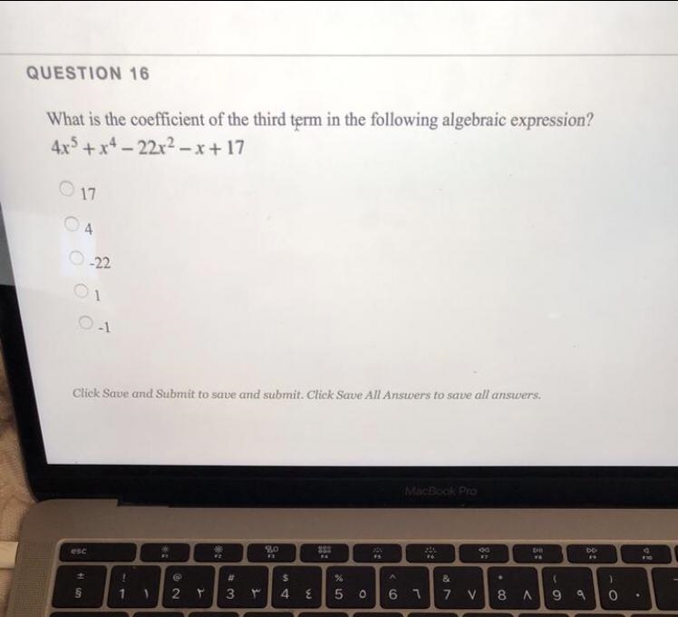 What is the coefficient of the third term in the following algebraic expressu?-example-1