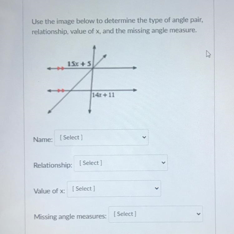 Use the image below to determine the type of angle pair, relationship, value of x-example-1