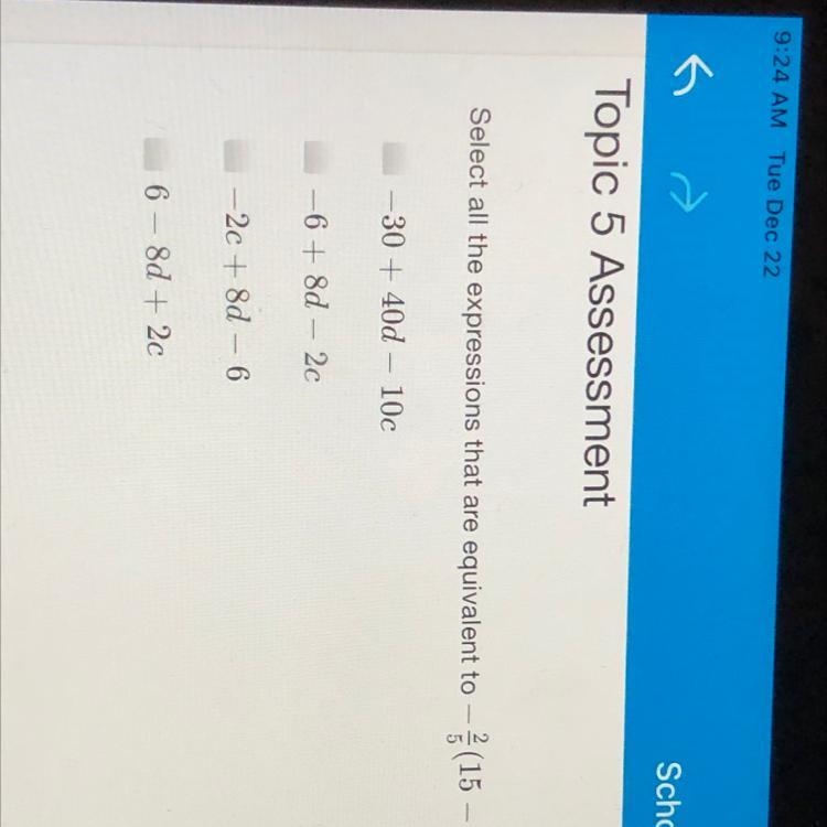 Select all the expressions that are equivalent to – ķ(15 – 20d + 5c).-example-1