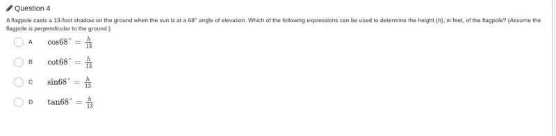 A flagpole casts a 13-foot shadow on the ground when the sun is at a 68° angle of-example-1
