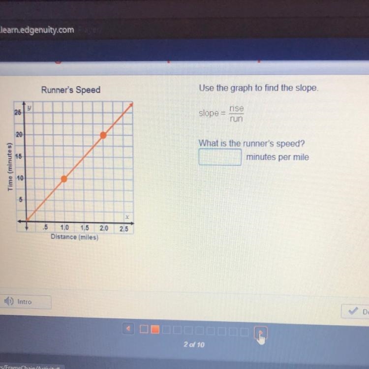 Use the graph to find the slope. What is the runners speed?-example-1