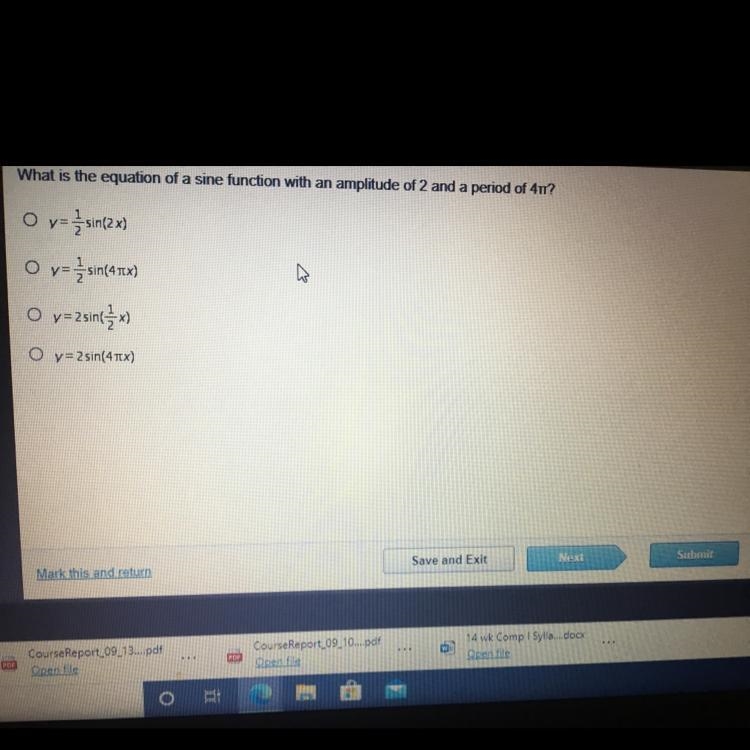 What is the equation of a sine function with an amplitude of 2 and a period of 4-example-1