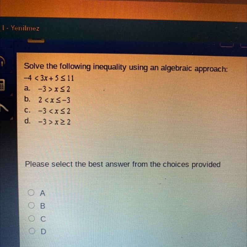 Solve the following inequality using an algebraic approach: -4 < 3x+5<11-example-1