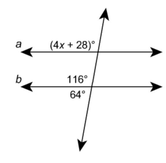 PLEASE HELP 40 POINTS!!! For what value of x is line a parallel to line b? Enter your-example-1