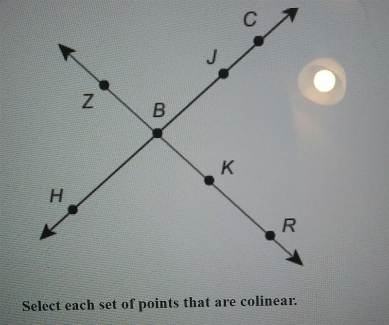 Select each points that are colinear A. H,C,B B. Z,K,R C. B,R,Z D. H,B,K E. C,H,J-example-1