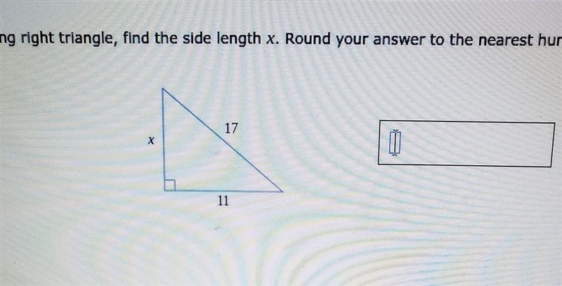 For the following right triangle, find the side length x. Round your answer to the-example-1