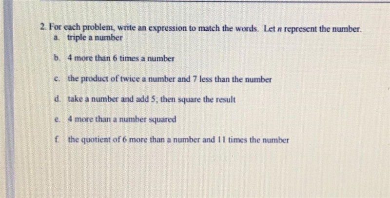 For each problem, write an expression to match the words. let n represent the number-example-1