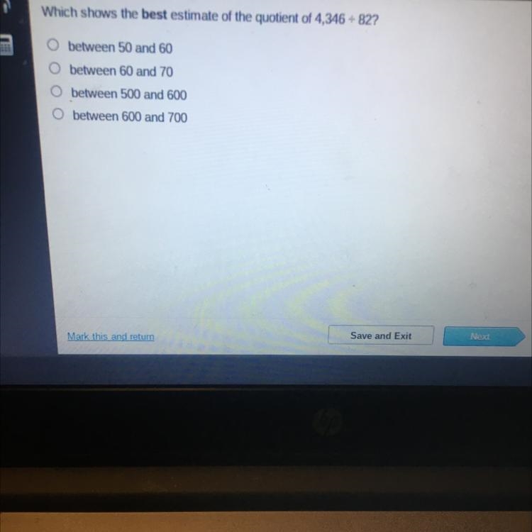 Which shows the best estimate of the quotient of 4,346 +82? between 50 and 60 between-example-1