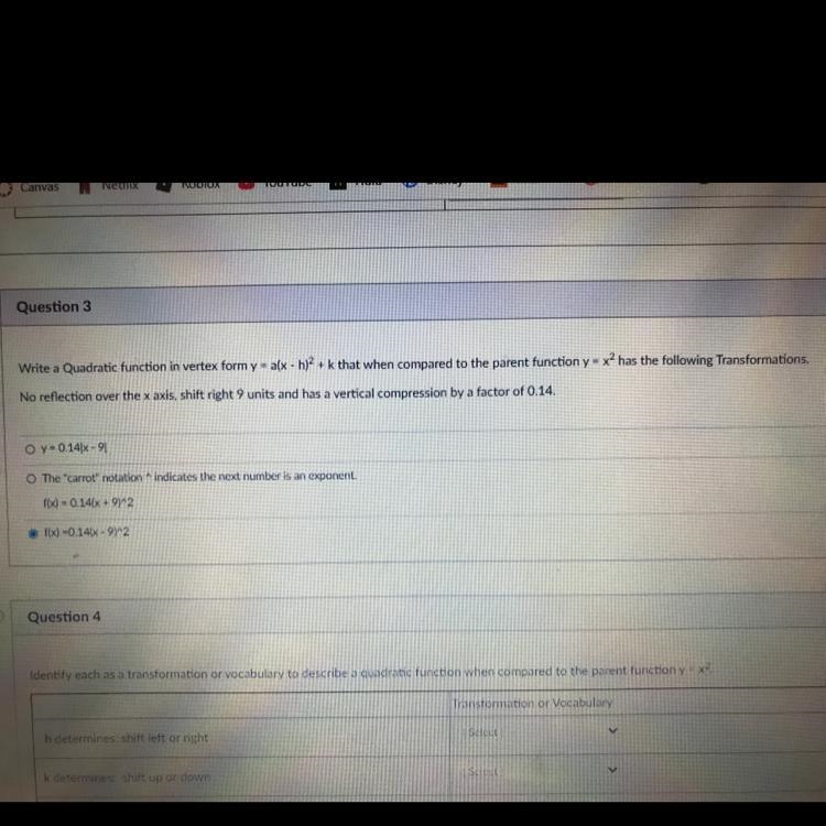 Write a Quadratic function in vertex form y - alx - h)2 + k that when compared to-example-1