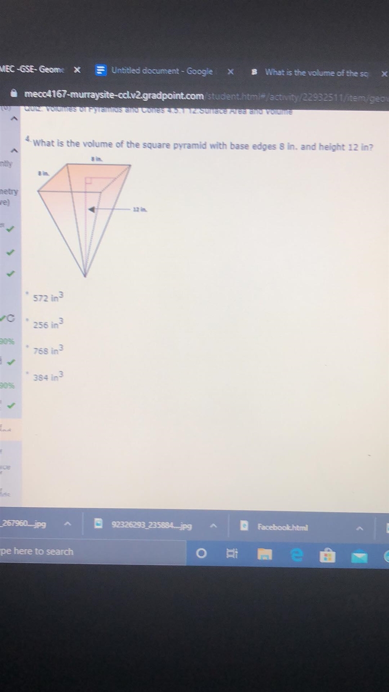 . What is the volume of the square pyramid with base edges 8 in. and height 12 in-example-1