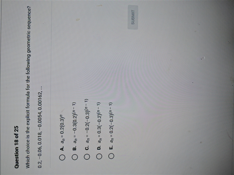 Which choice is the explicit formula for the following geometric sequence? 0.2, -0.06, 0.018, -0.0054, 0.00162-example-1