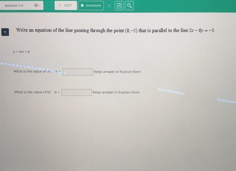 Write an equation of the line passing through the point (8,-5) that is parallel to-example-1