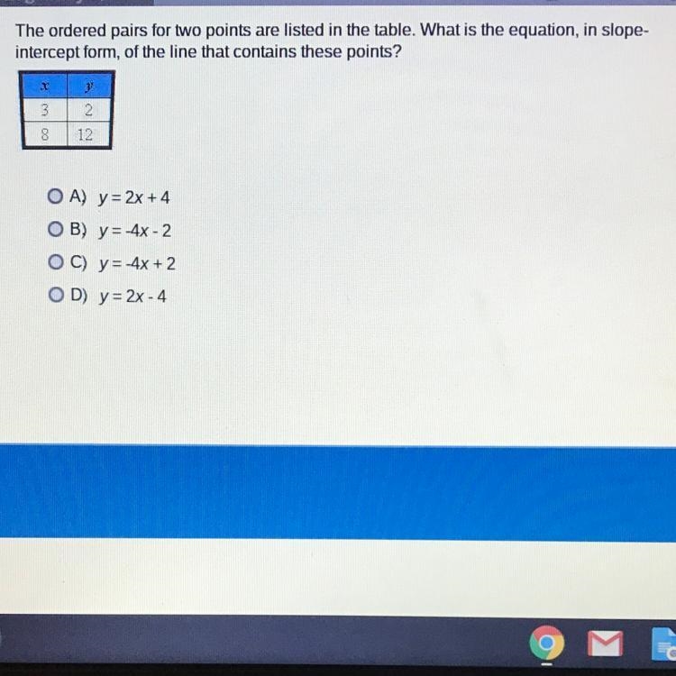 The ordered pairs for two points are listed in the tableWhat is the equation, in intercept-example-1