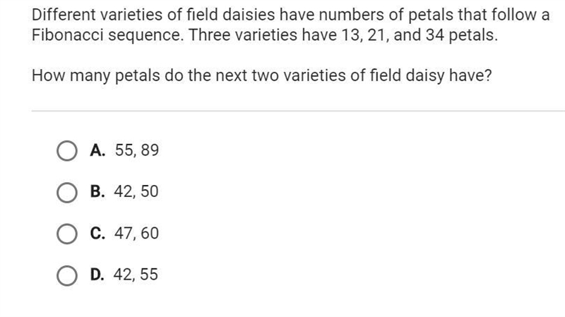 Different varieties of field daisies have numbers of petals that follow a Fibonacci-example-1