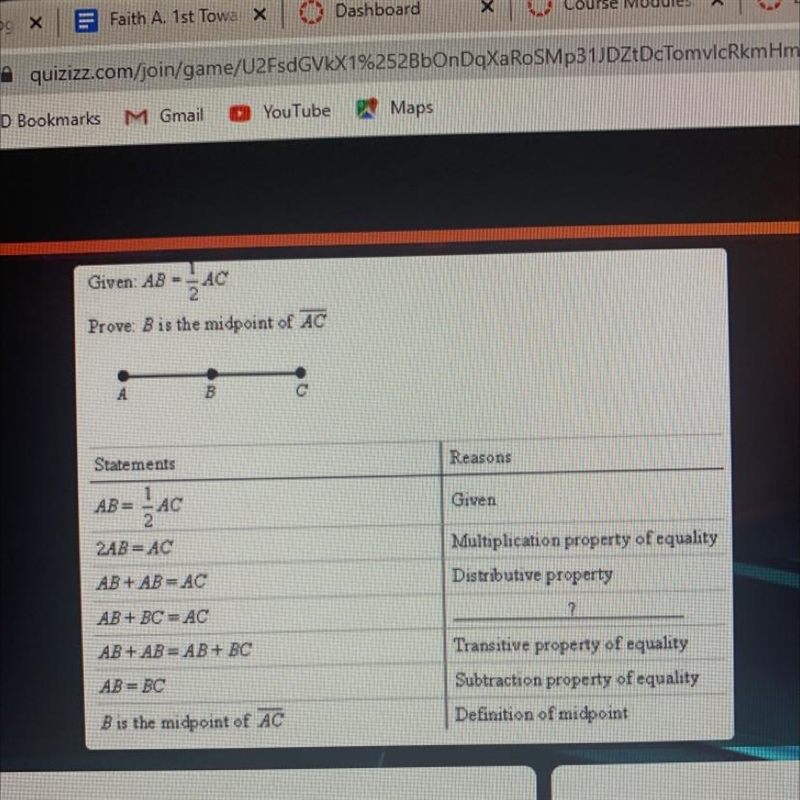 What is the missing proof? A) Segment Addition Postulate B) Substitution Property-example-1