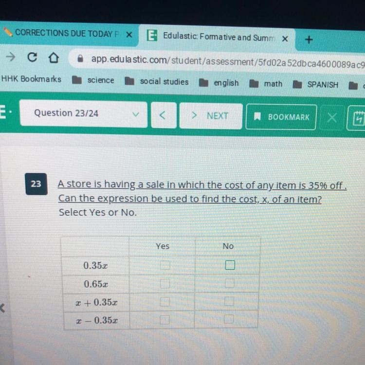 A store is having a sale in which the cost of any item is 35% off. Can the expression-example-1