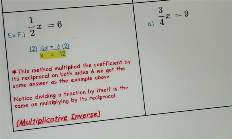 Use the method on the left to solve the problem on the right. 3/4x =9 ​-example-1