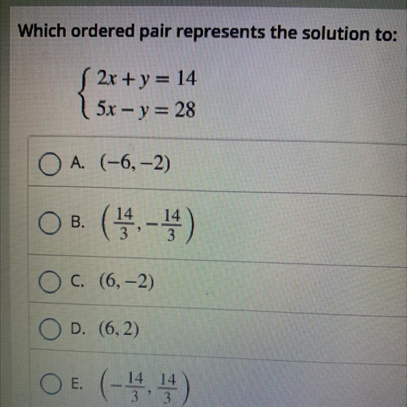 (2x + y = 14 5x - y = 28 Which ordered pair represents the solution-example-1