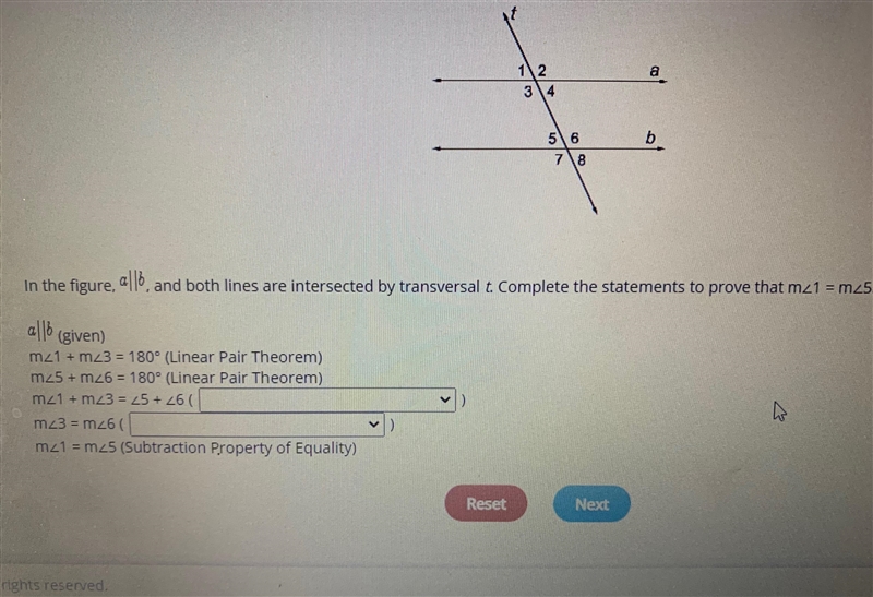 In the figure, a//b, and both lines are intersected by transversal t. Complete the-example-1