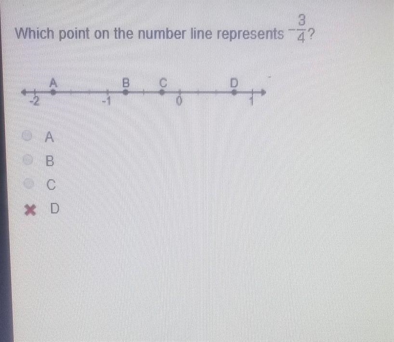 Which point on the number line represents -3/4​-example-1