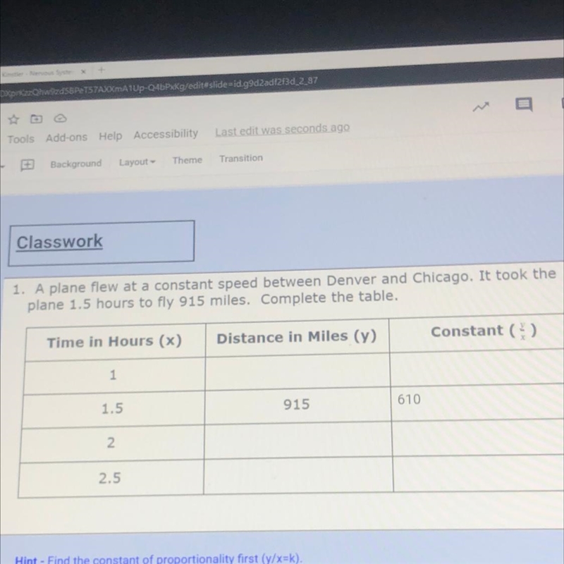 Classwork 1. A plane flew at a constant speed between Denver and Chicago. It took-example-1