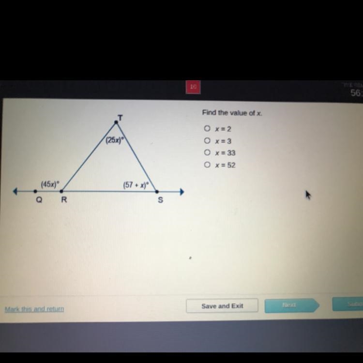 Find the value of x (25x)" O x = 2 O x= 3 O x= 33 O x = 52 (45x)" (57 + x-example-1