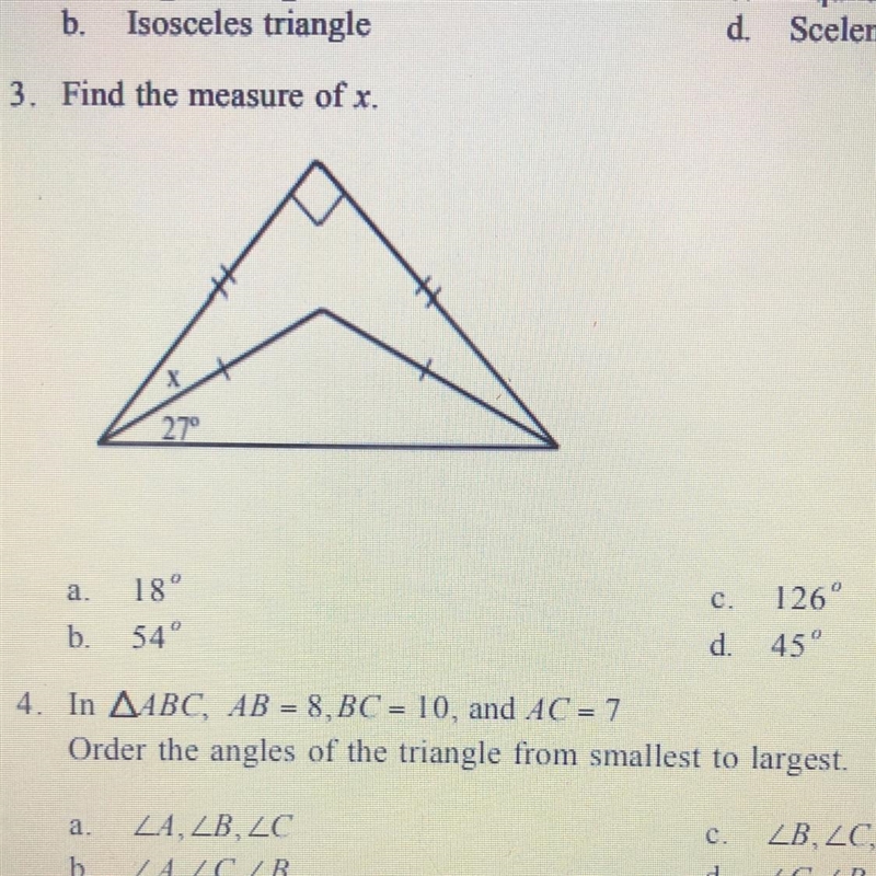 3. Find the measure of x. a 18° b. 54° C 126 d. 45-example-1