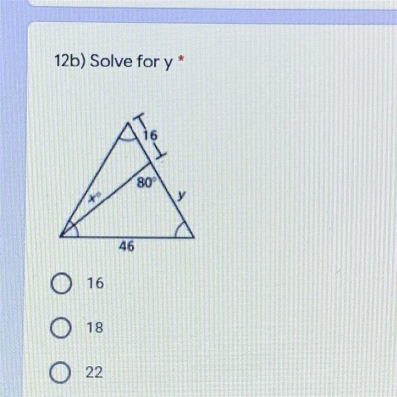 Solve for y A)16 B)18 C)22 D) 30 Omg help me I need help, please help me I’m so nice-example-1